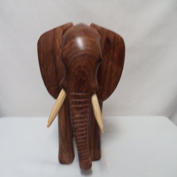Elephant Wood Hand Carved Figurine Statue brown w/ Tusks Trunk 11" x 8.5" Decor - Picture 8 of 13